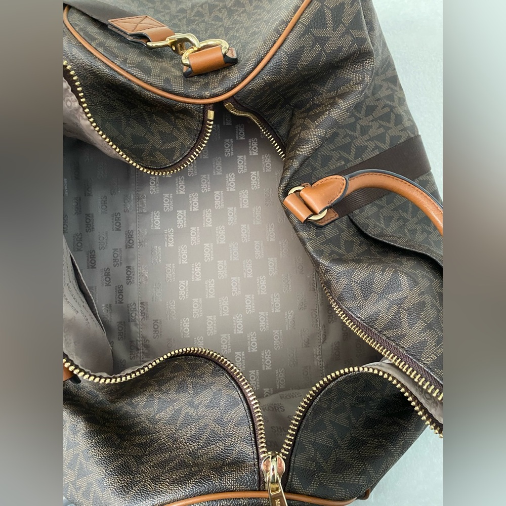Michael Kors Brown MK Monogram Duffel with Tan Leather Trim - Picture 2 of 2